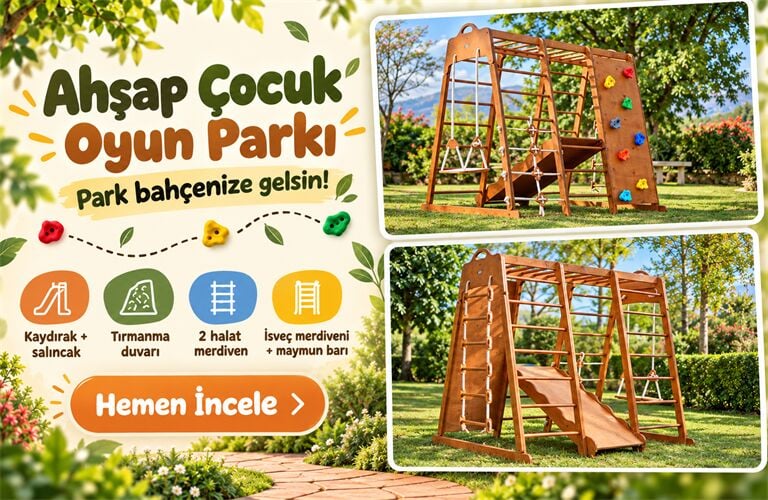 MANDU Ahşap Çocuk Oyun Parkı – Kaydıraklı Salıncaklı, Tırmanma Duvarı, Halat Merdiven ve İsveç Merdivenli Pikler Seti