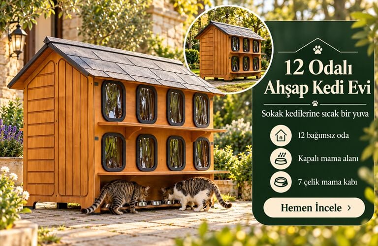 12 Odalı İki Katlı Ahşap Büyük Dış Mekân Kedi Evi – Sokak Kedisi Evi