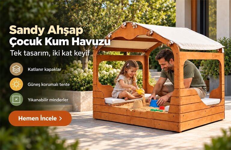 MANDU Sandy Ahşap Çocuk Kum Havuzu Kapaklı Tenteli