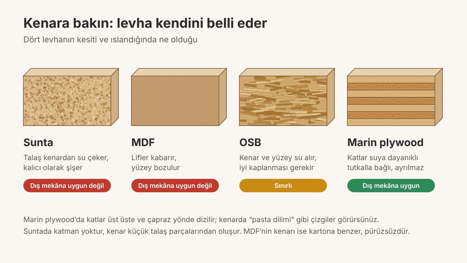 Sunta, MDF, OSB ve marin plywood kesit karşılaştırması Sunta, MDF, OSB ve marin plywood kesit karşılaştırması