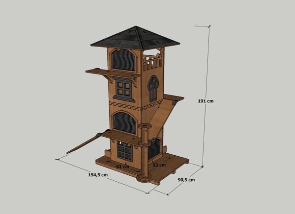 “MANDU” Ahşap 4 Katlı Teraslı Kedi Evi (Tırmalama + Mama Kaplı)
