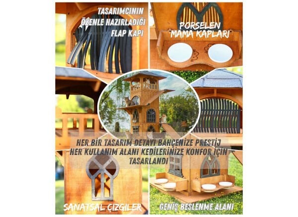 “MANDU” Ahşap 4 Katlı Teraslı Kedi Evi (Tırmalama + Mama Kaplı)