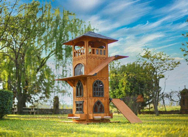 “MANDU” Ahşap 4 Katlı Teraslı Kedi Evi (Tırmalama + Mama Kaplı)