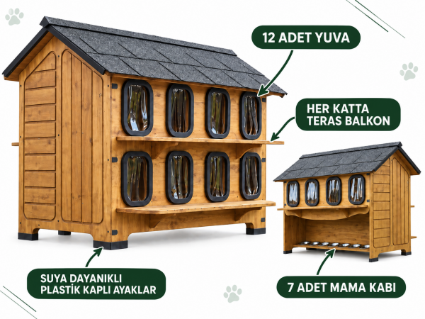 12 Odalı İki Katlı Ahşap Büyük Dış Mekân Kedi Evi – Sokak Kedisi Evi