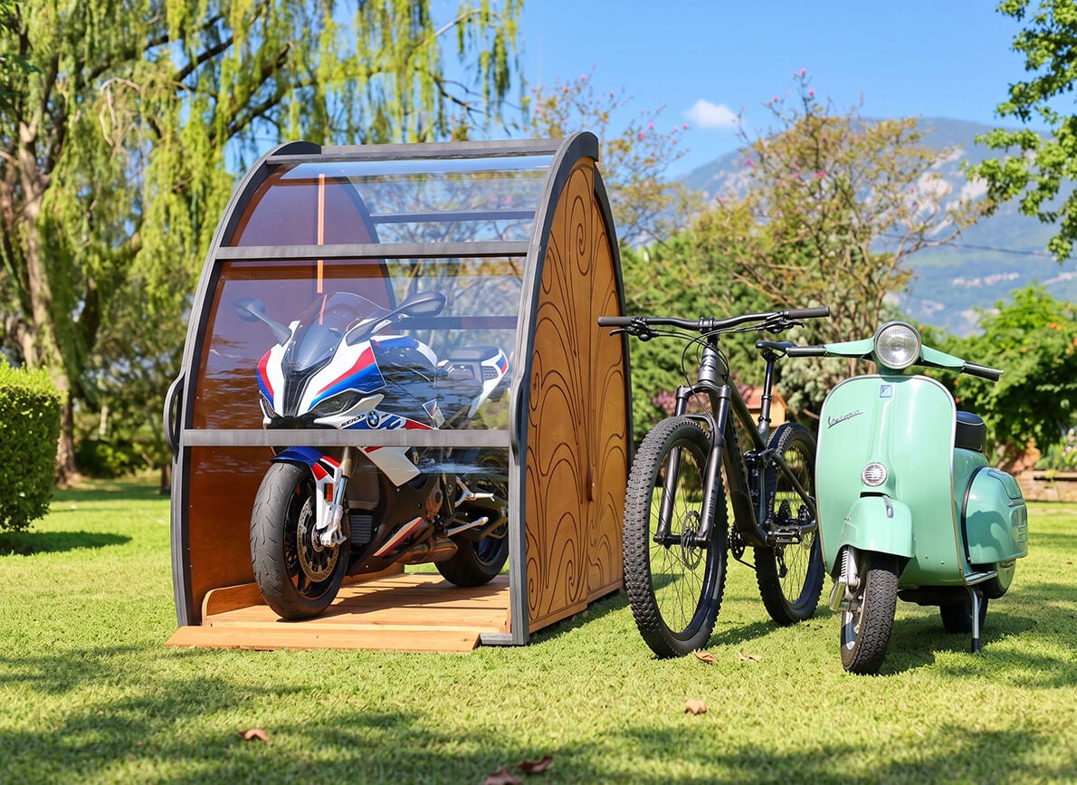 MANDU Garajino Ahşap Motosiklet Garajı – Vespa, Scooter ve Bisiklet Depolama Ünitesi