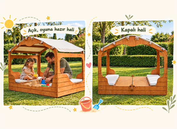 MANDU Sandy Ahşap Çocuk Kum Havuzu Kapaklı Tenteli