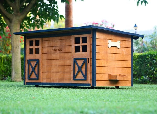 MANDU Ahşap İkiz Köpek Kulübesi (2 yuva tek kulübe) + İsimlik ve mama kabı