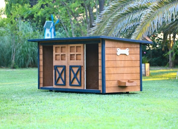 MANDU Ahşap İkiz Köpek Kulübesi (2 yuva tek kulübe) + İsimlik ve mama kabı