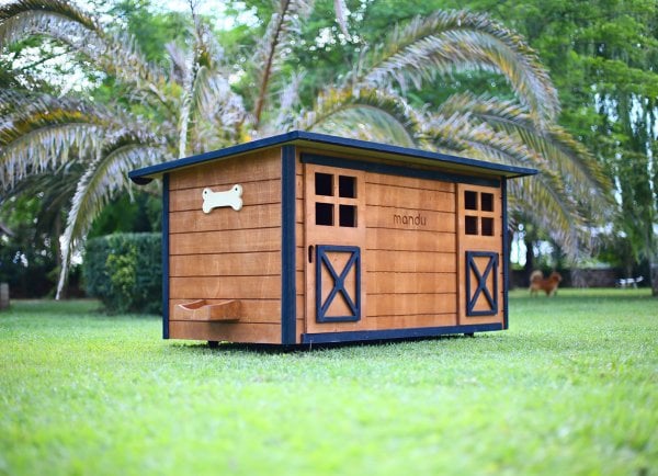 MANDU Ahşap İkiz Köpek Kulübesi (2 yuva tek kulübe) + İsimlik ve mama kabı