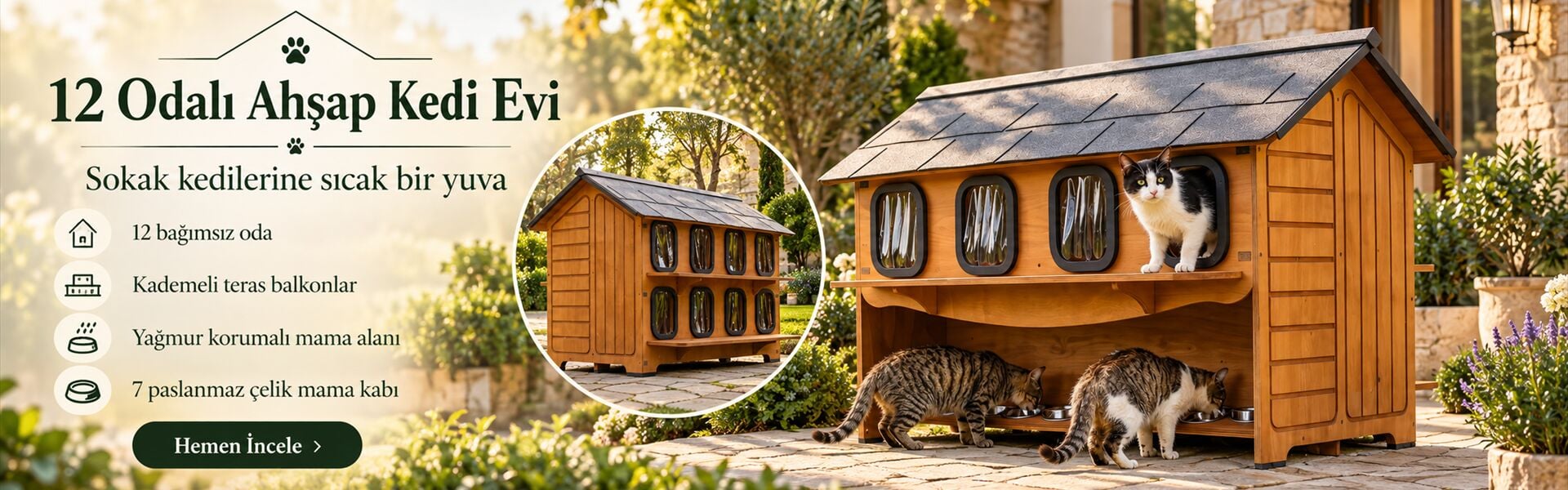 12 Odalı İki Katlı Ahşap Büyük Dış Mekân Kedi Evi – Sokak Kedisi Evi