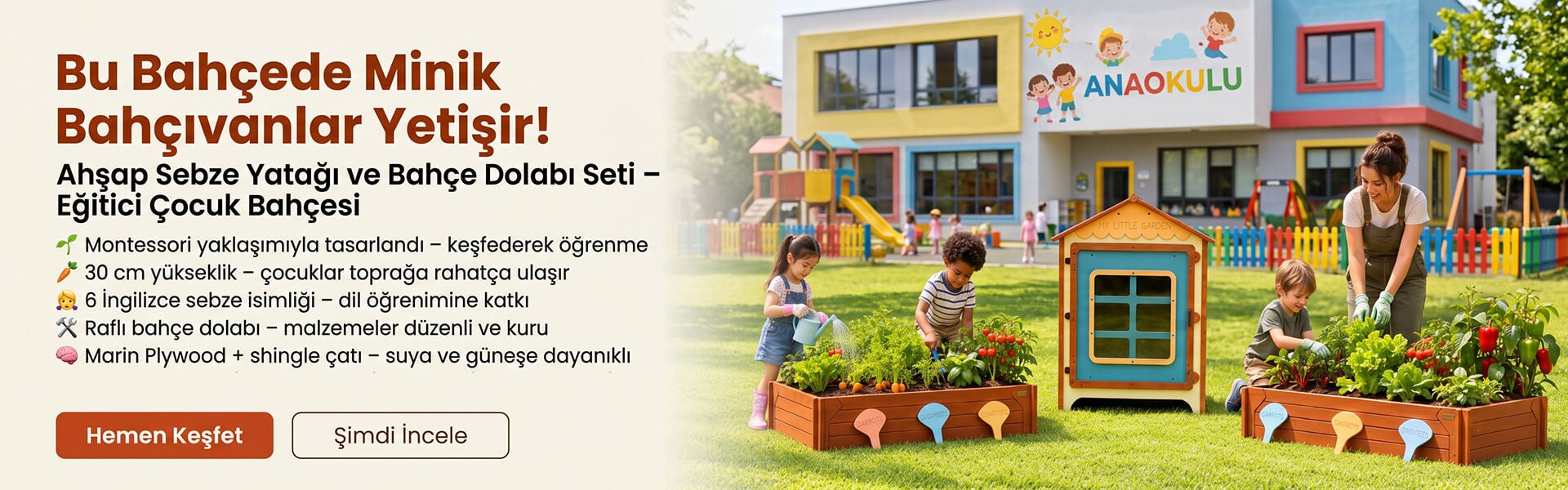 MANDU Ahşap Sebze Yatağı ve Bahçe Dolabı Seti – Çocuk Bahçe Seti, Eğitici Sebze Bahçesi
