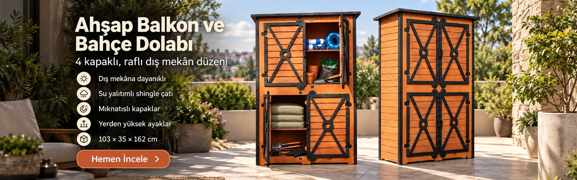 MANDU Ahşap Balkon Dolabı ve Bahçe Dolabı – 4 Kapaklı Raflı Dış Mekân Depolama Dolabı
