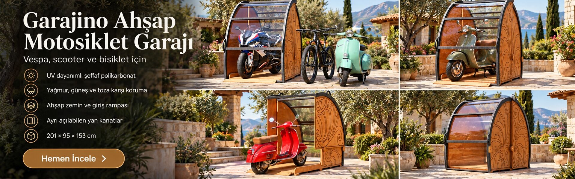 MANDU Garajino Ahşap Motosiklet Garajı – Vespa, Scooter ve Bisiklet Depolama Ünitesi