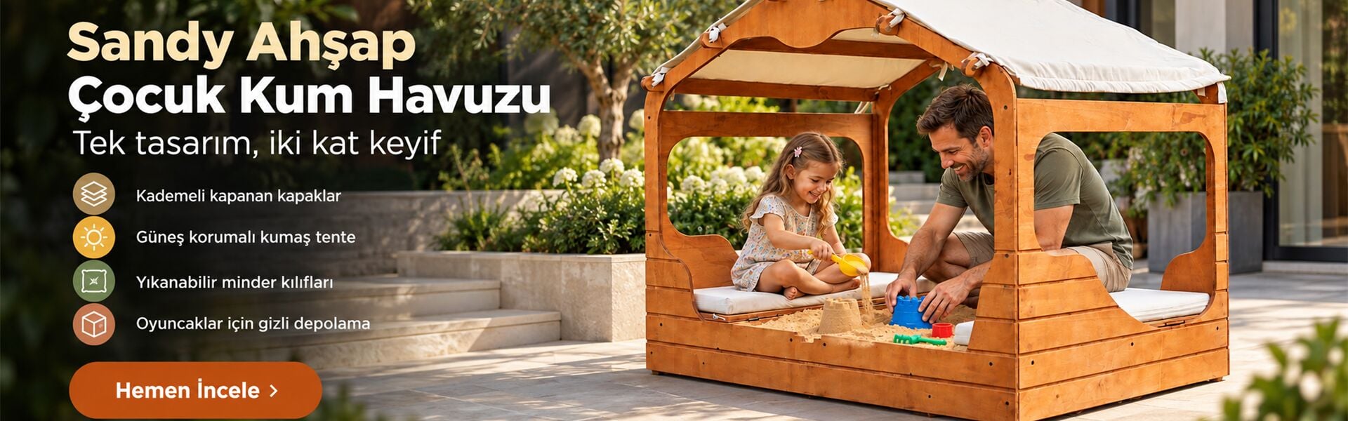 MANDU Sandy Ahşap Çocuk Kum Havuzu Kapaklı Tenteli