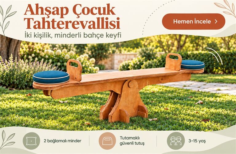 MANDU Ahşap Çocuk Tahterevalli – 2 Kişilik Minderli ve Tutamaklı Bahçe Tahterevallisi