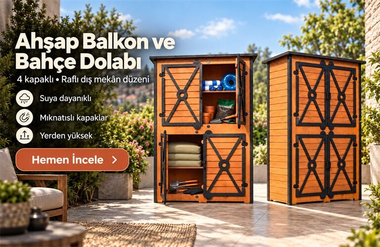 MANDU Ahşap Balkon Dolabı ve Bahçe Dolabı – 4 Kapaklı Raflı Dış Mekân Depolama Dolabı