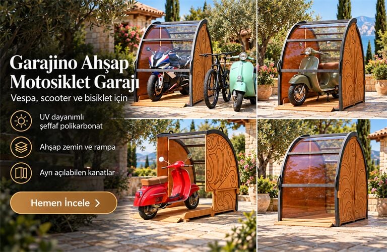MANDU Garajino Ahşap Motosiklet Garajı – Vespa, Scooter ve Bisiklet Depolama Ünitesi